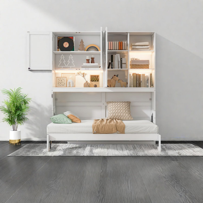 Space-saving Twin Murphy Bed, Mdf Wood With Modern Shelving