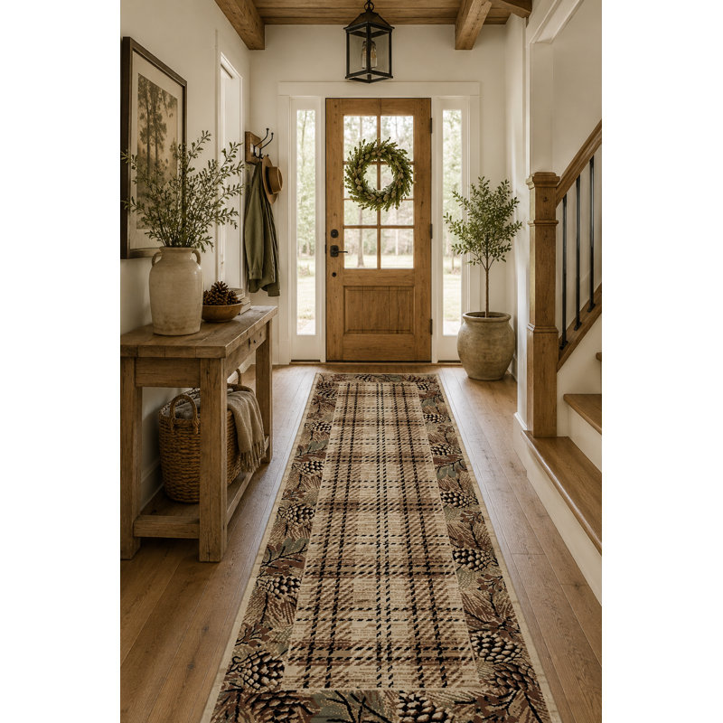 Tapis brun à carreaux Cargin, Tapis de couloir 2 pi 3 po x 7 pi 7 po