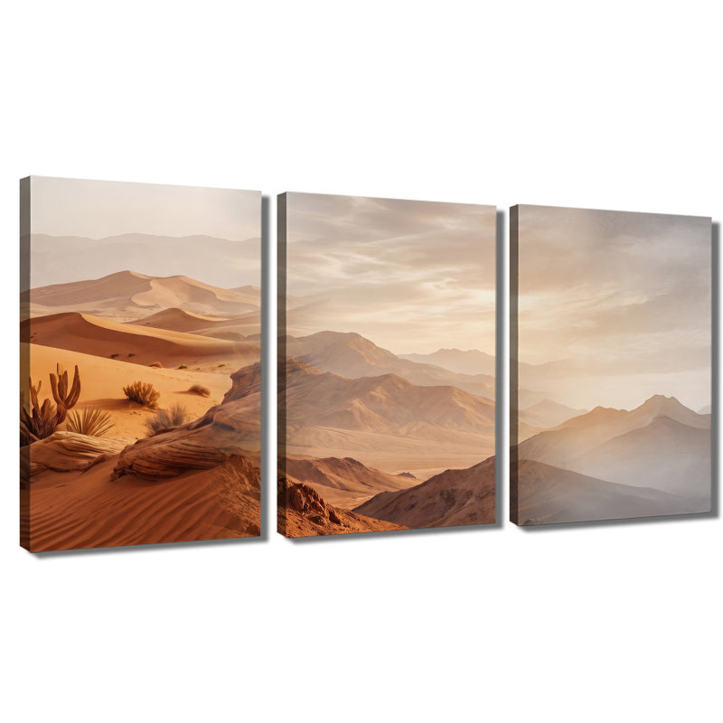 «Desert Dunes Mountain Sunrise Landscape», ensemble de 3 impressions sur toiles tendues avec châssis de qualité supérieure