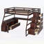 Lit mezzanine double avec 7 tiroirs, 2 tablettes et bureau pour une utilisation multifonctionnelle et peu encombrante au fini espresso