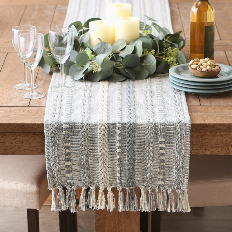 Elco Striped Table Runner, 15'' x 72'', Cool Gray