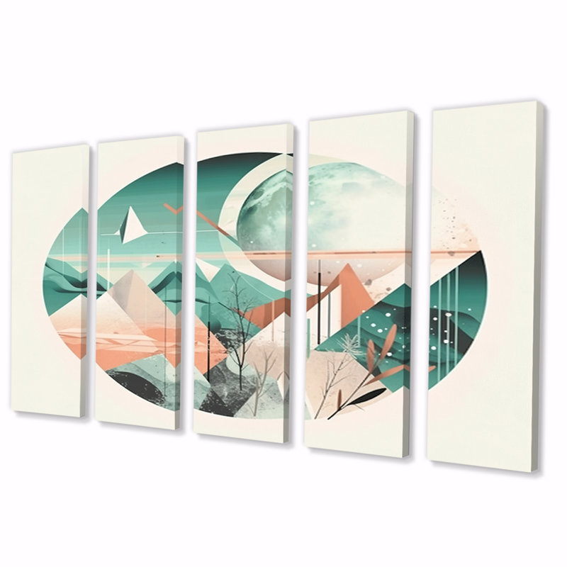 Boho Landscape Earthy Green Unapologetic Pink I - impression géométrique murale moderne - 5 panneaux égaux
