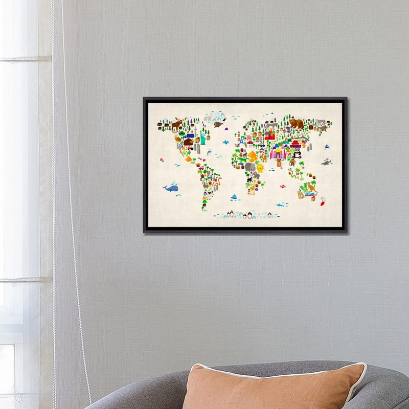 « animal map of the world ii » par michael tompsett-print, H 18 po x l 26 po x P 1,5 po, Toile avec cadre noir patiné