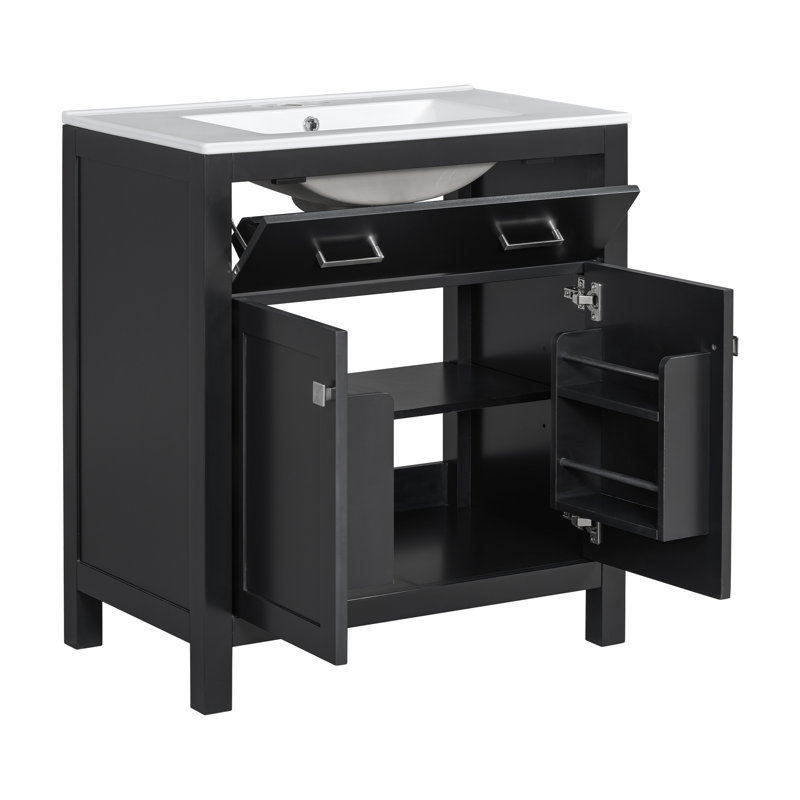 30" Bathroom Vanity With Ceramic Sink, Black Modern Design, 2 Doors And Shelf For Optimal Use Basin, Cabinet, Organization