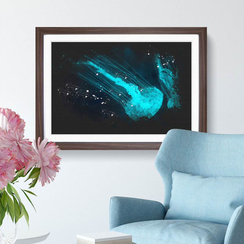 Neon Blue Jellyfish - Picture Frame Graphic Art Print, Walnut Framed, 33cm H x 45cm W x 2cm D