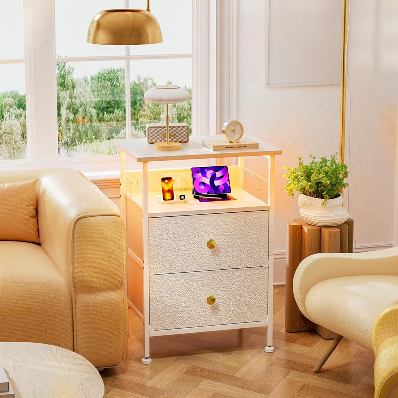 LED Nightstand With Charging Station, 2 Drawers And Open Shelves, Metal Frame And Wood Shelf, Multi-Functional Bedside Table For Bedroom, Living Room, Dorm