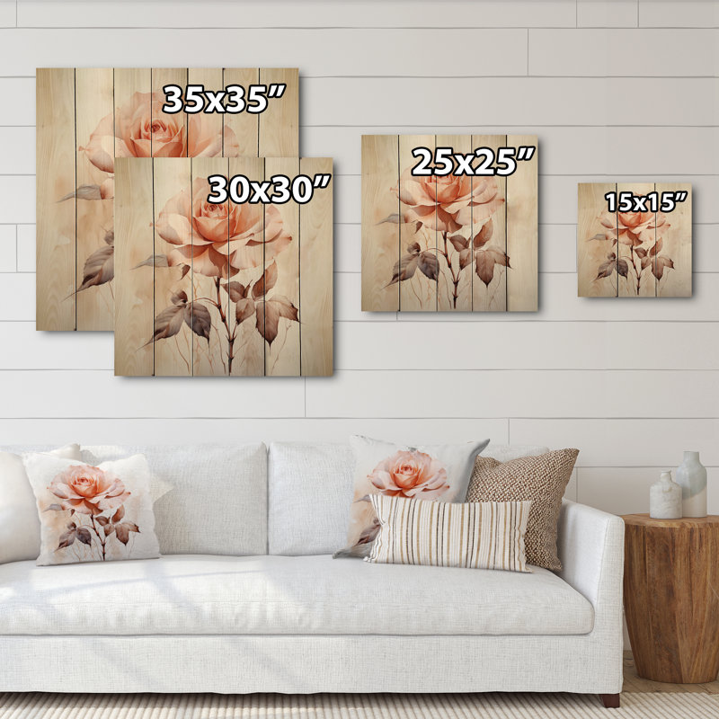 Fleur de pêche minimaliste beige pêche sur bois, H 30 po x l 30 po x P 0,78 po