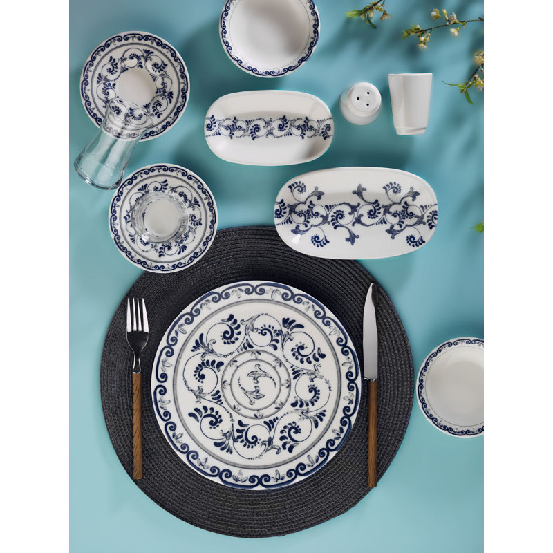 Ensemble de petit déjeuner (30 pièces), Bleu / blanc, Floral