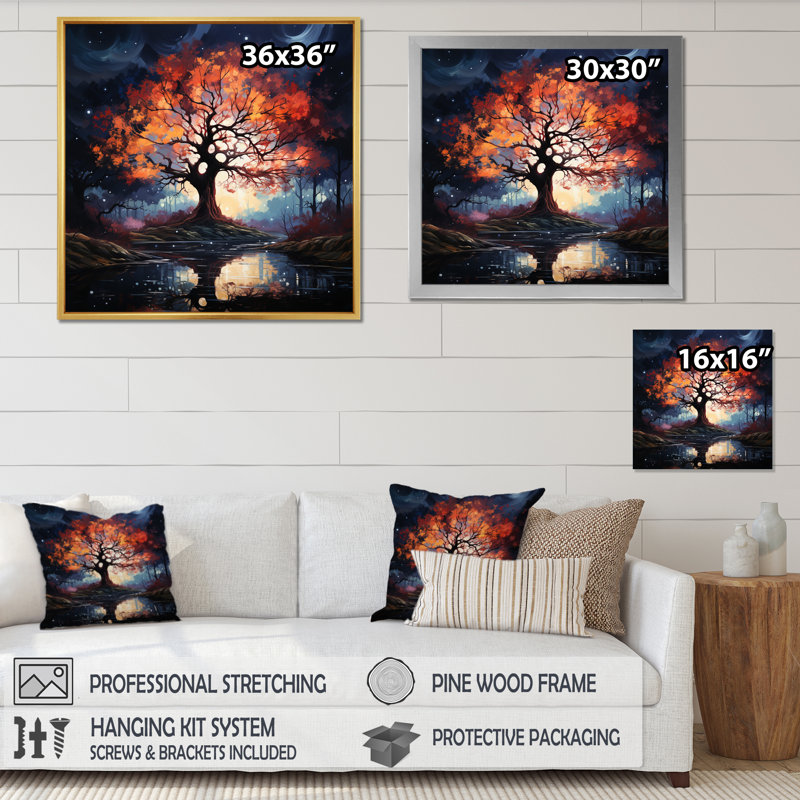 Orange Blue Eternal Maple Trees - Landscapes Canvas Print, H 16 po x l 16 po x P 1 po, Cadre flottant blanc