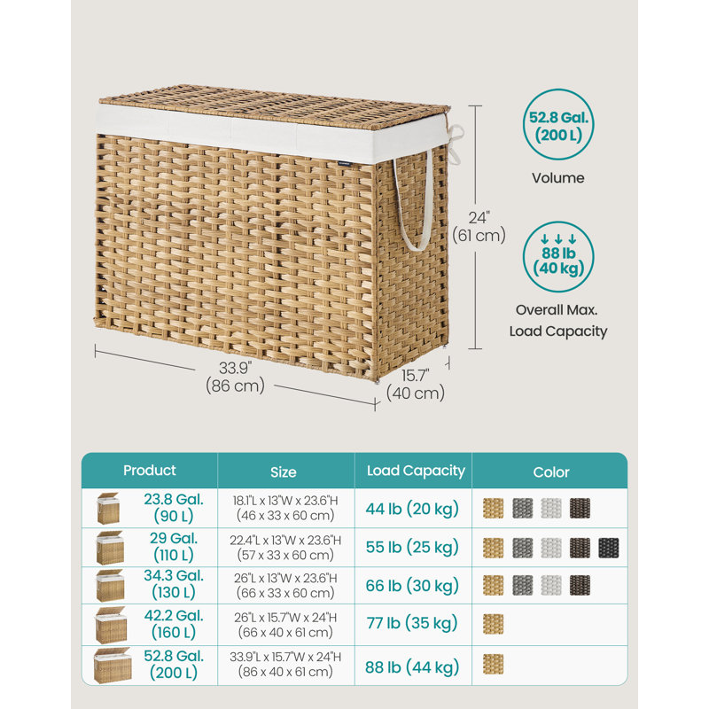 Laundry Hamper With Lid, 200 L Clothes Hamper With 2 Removable Liner Bags, 6 Mesh Bags, Wicker Laundry Basket, Double Laundry Hamper For Bathroom, 33.9 X 15.7 X 24 Inches