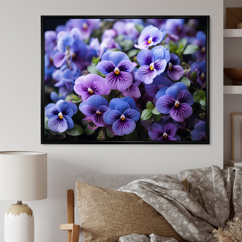 «Purple Pansies Field Vibrant» sur toile, Cadre flottant noir, H 12 po x l 20 po x P 1 po