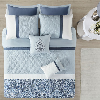 Édredon 8 pièces pour grand lit bleu et détails brodés, ensemble de literie 8 pièces