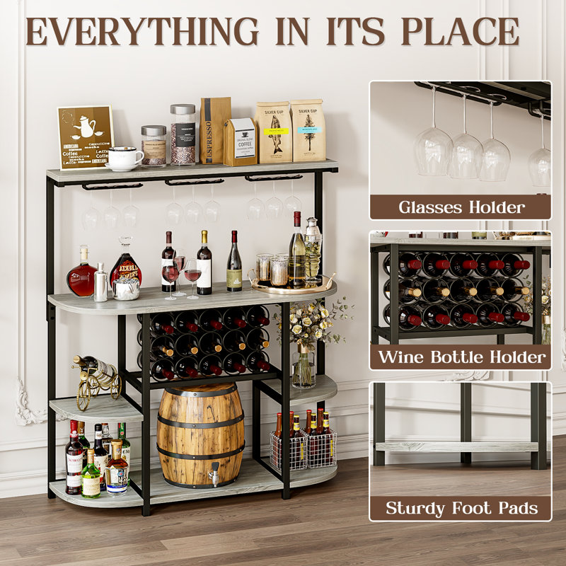 52" Tall Freestanding Liquor Bar Cabinet, 4-Tier Wine Bar Cabinet With Bottle & Glasses Holder, Versatile Display Shelf For Home, Kitchen, Dining Room,  Gray