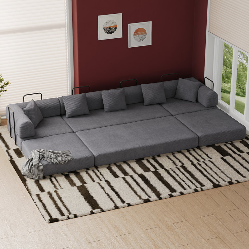 Canapé-lit modulaire convertible avec canapé-lit modulaire désossé avec dossier et accoudoirs amovibles, Velours côtelé gris
