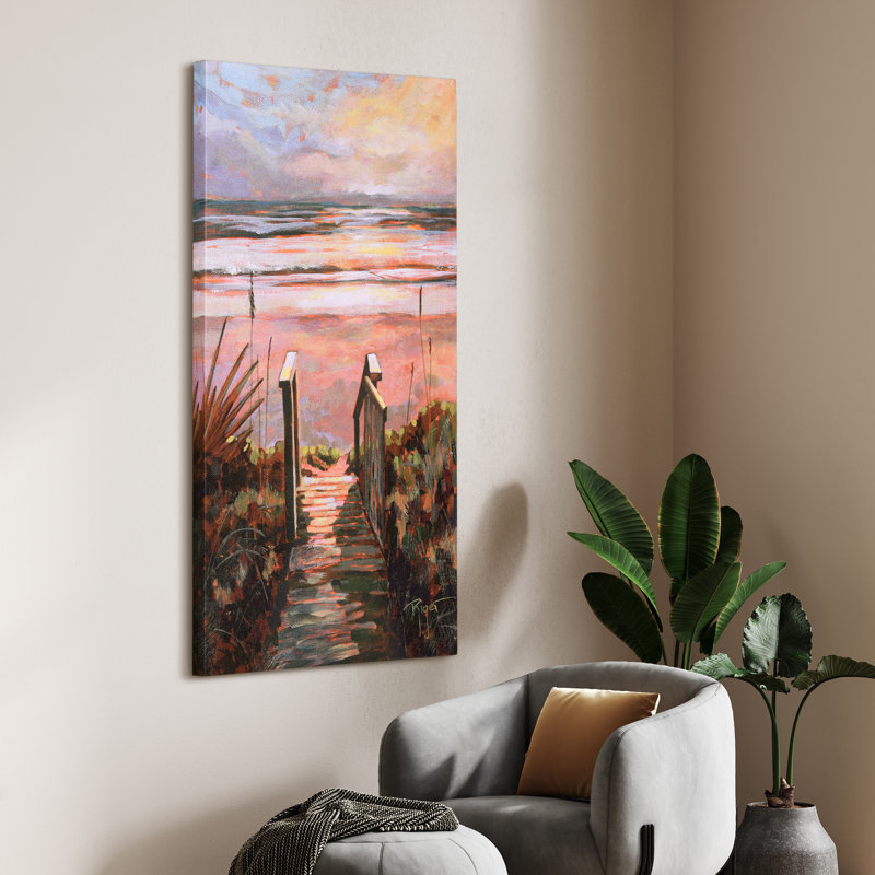 «Sunset Pathway», plage, coucher de soleil sur toile chagrin argentée, art mural