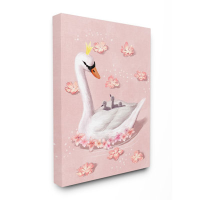 «Mother Swan Queen and Chicks Lake Flowers Pink» par Daphne Polselli - impression d'art graphique
