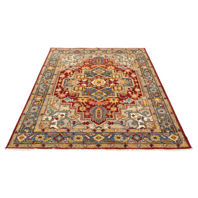 Tapis rouge foncé en laine noué à la main 7 pi 9 po x 9 pi 10 po Jules Serapi