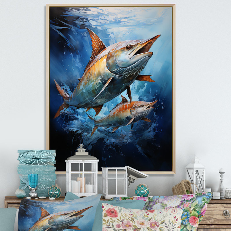 Alleffra pêche majestueux Marlins sautant II, H 20 po x l 12 po x P 1 po, Cadre naturel flottant