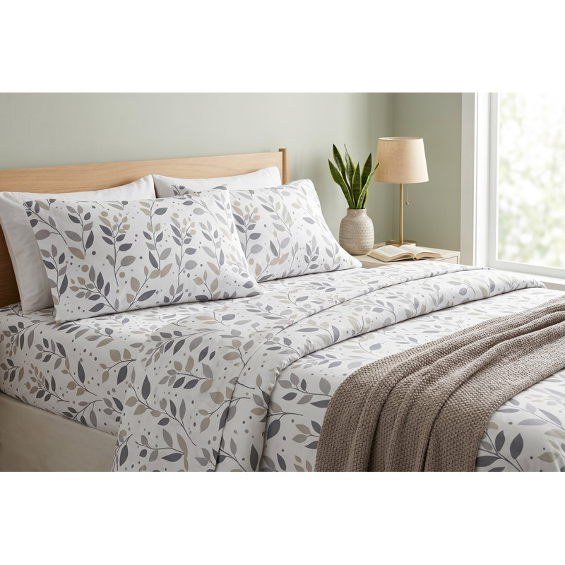 4 Piece Double Bed Sheet Set - Buttery Soft & Wrinkle Free Microfiber - Grey Branches Print Bedding, Gray Floral