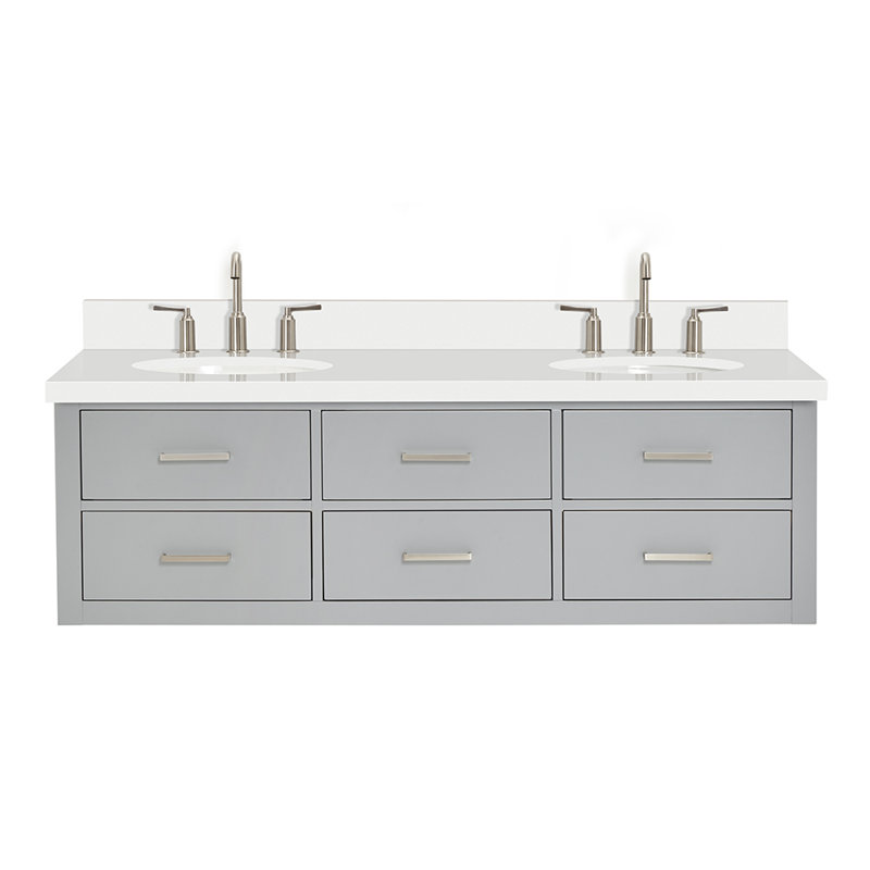 Macmullin 61'' Double Bathroom Vanity with White Quartz Top, Grey, Brushed Nickel