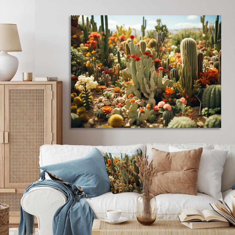 «Broaderick Coral Green Cactus Field I» sur toile, Cadre photo noir, H 34 po x l 44 po x P 1,5 po
