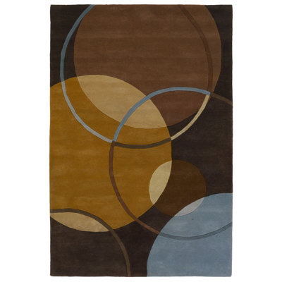 Phair Authentic Hand-Tufted Handmade Brown, Beige, Gold Orange & Blue Retro Modern / Mid Century Circle Design Wool Area Rug