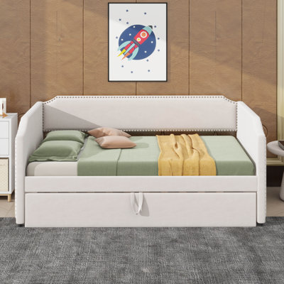 Twin-Sized Daybed Upholstered In Velvet, Complete With Pop-Up Trundle
