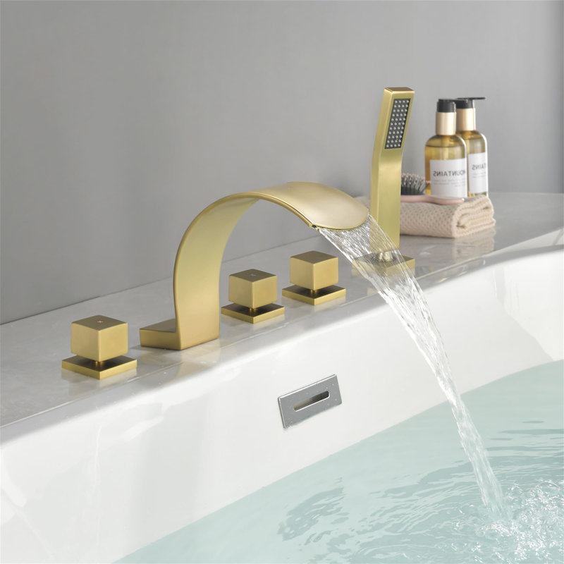5 Hole Deck Mounted Tub Faucet With Hand Shower 3 Handle Waterfall Bathtub Faucets Modern Brass Tub Fillers With Valve