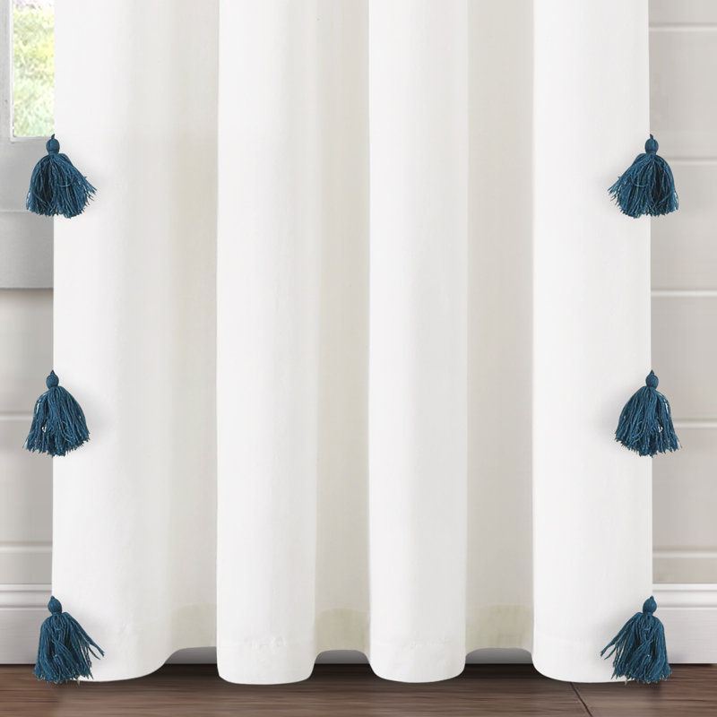 Rideau transparent en coton mélangé avec passe-tringle, Blanc / turquoise