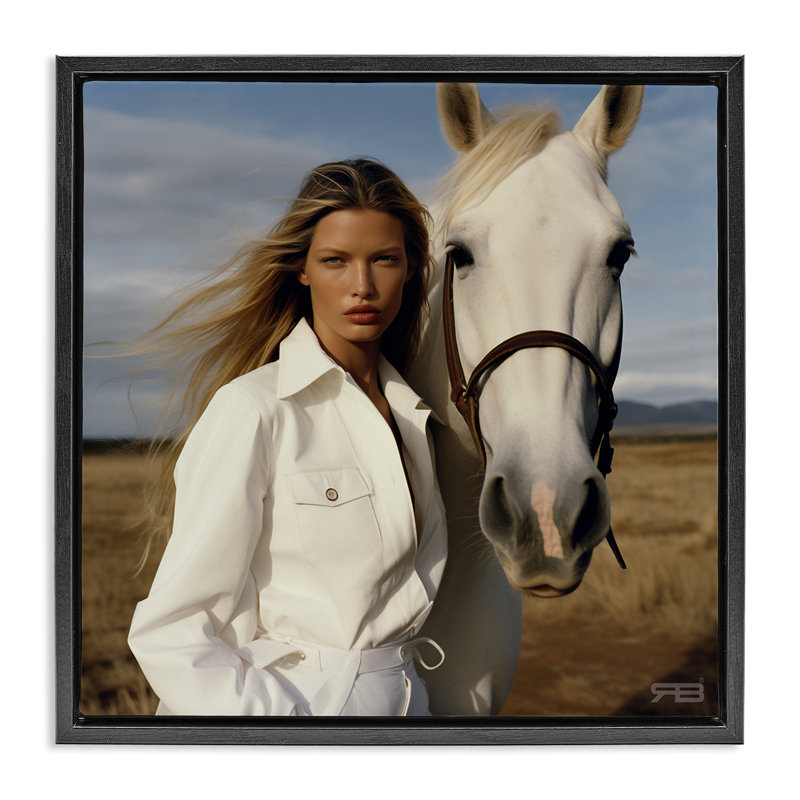 Équestre, fille et cheval blanc, art mural encadré par RB, Cadre flottant noir, H 25 po x l 25 po