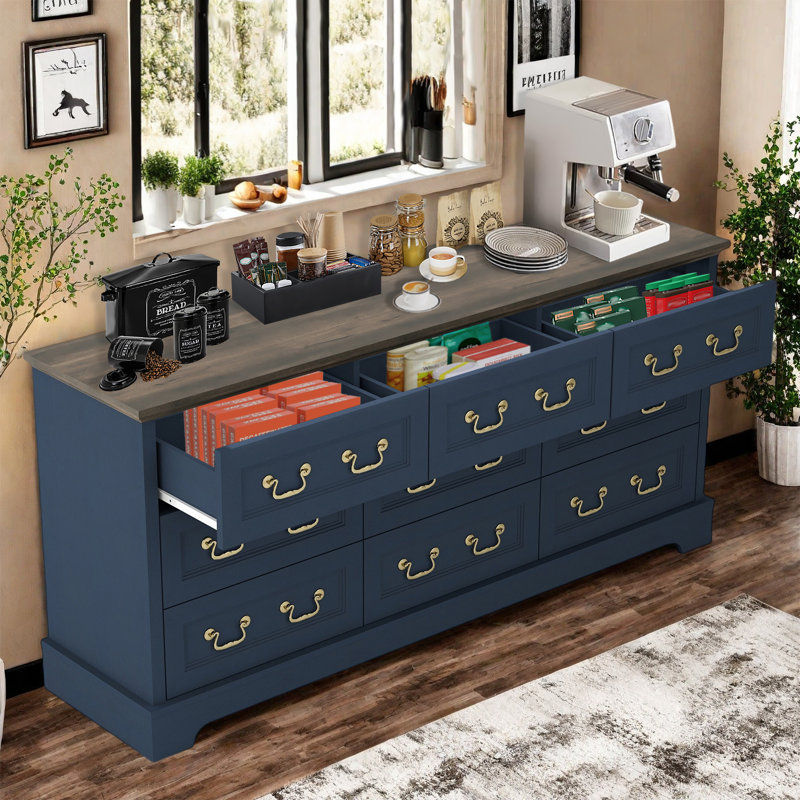 Farmhouse dresser with 9 drawers 62.9''W Suitable for bedrooms, Blue/Brown