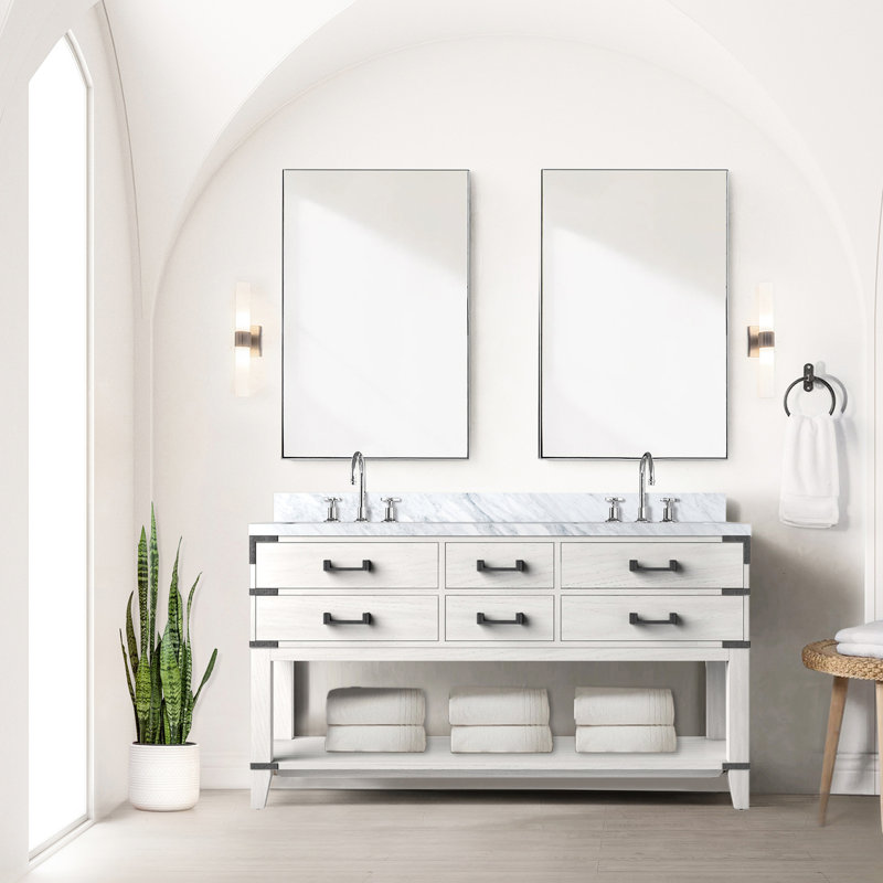 Meuble-lavabo double en chêne blanc 60 po x 22 po - comptoir en marbre, fabrication en bois massif, fermeture en douceur, 4 tiroirs et vaste espace de rangement avec plateau en bois, tablette ouverte pour un rangement optimal