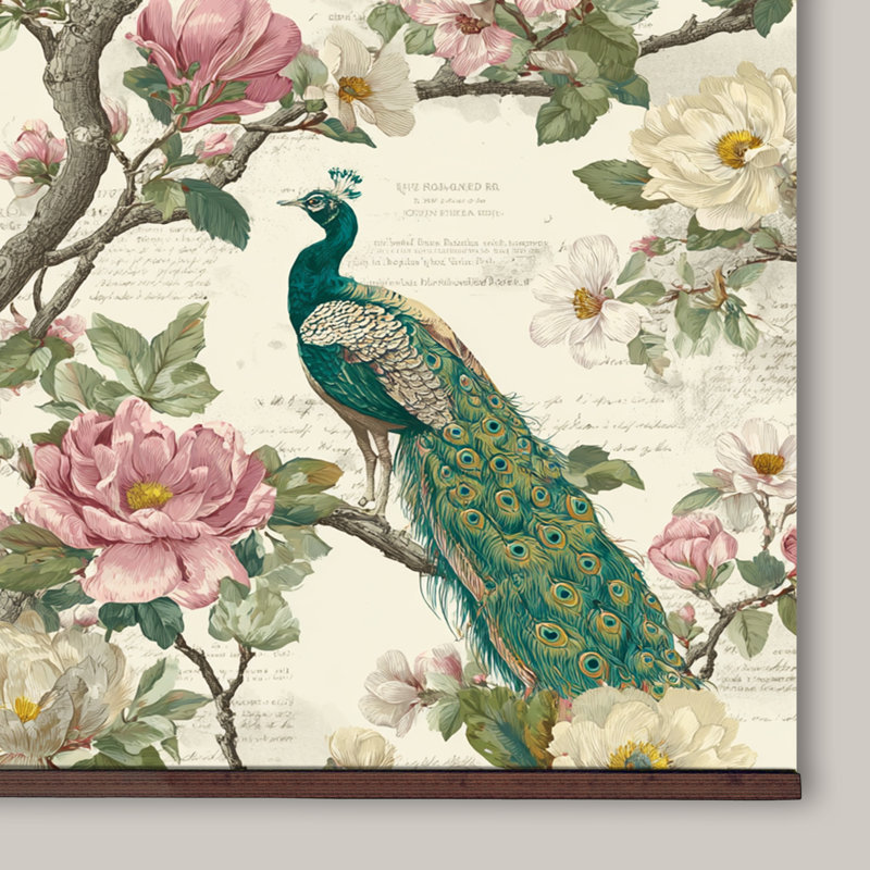 Chinoiserie Canvas Tapestry with Wood Hanger – Vintage Floral Wall Art, Ready to Hang, 32" H x 48" W