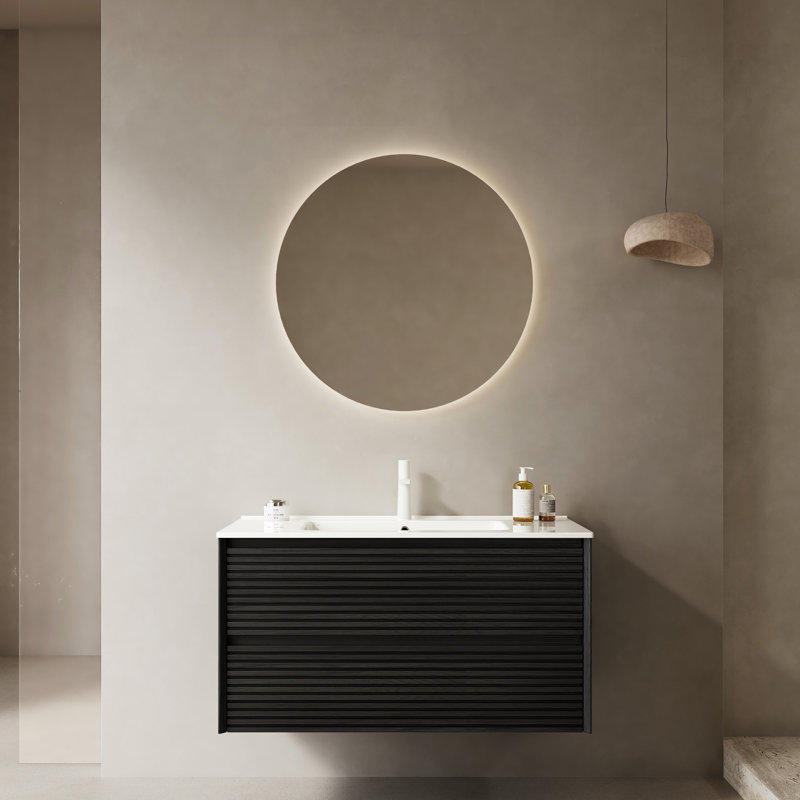 Meuble-lavabo pour salle de bain 36 po - Contreplaqué en chêne blanc à 2 tiroirs en céramique blanche avec drain, Chêne foncé