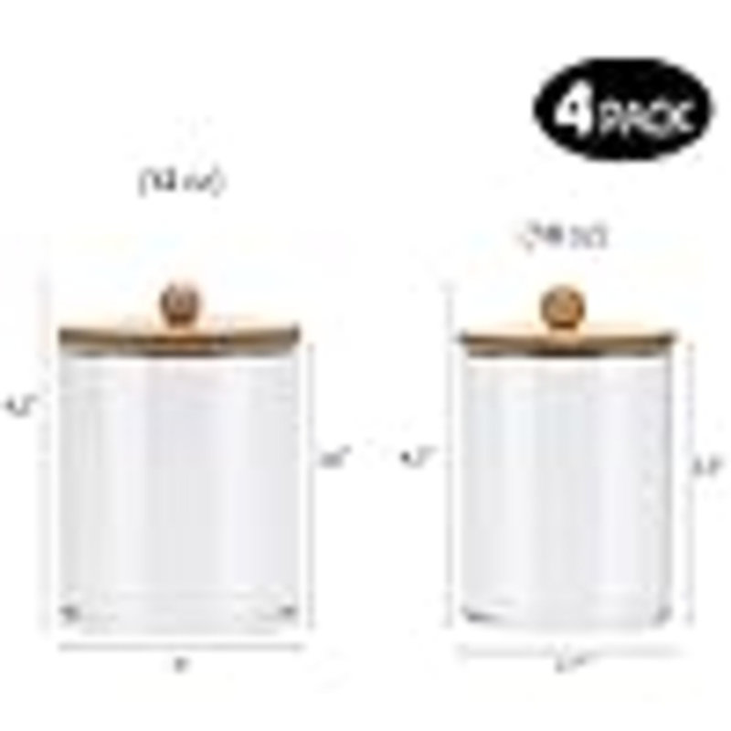 Paquet de 4 bocaux en coton, distributeur de coton-tige, coton-tige, 12 oz, 10 oz pots d'apothicaire en plastique transparent pour organisateur de salle de bain et contenants de rangement (couvercles en bambou)
