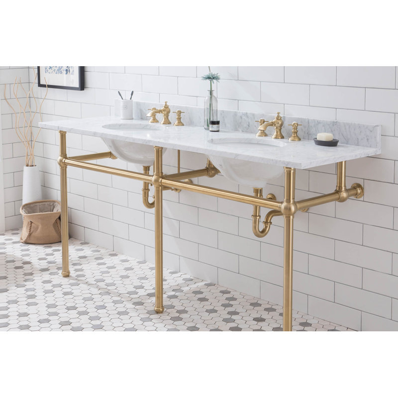 Embassy Stone Oval Console Bathroom Sink with Faucet and Overflow, Satin Brass