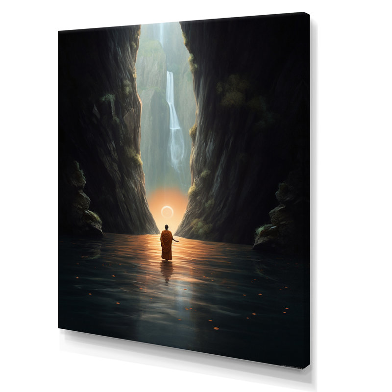 «Buddhist Monk Meditating In Cave Lake», reproduction sur toile, Toile tendue, 20" H x 12" W