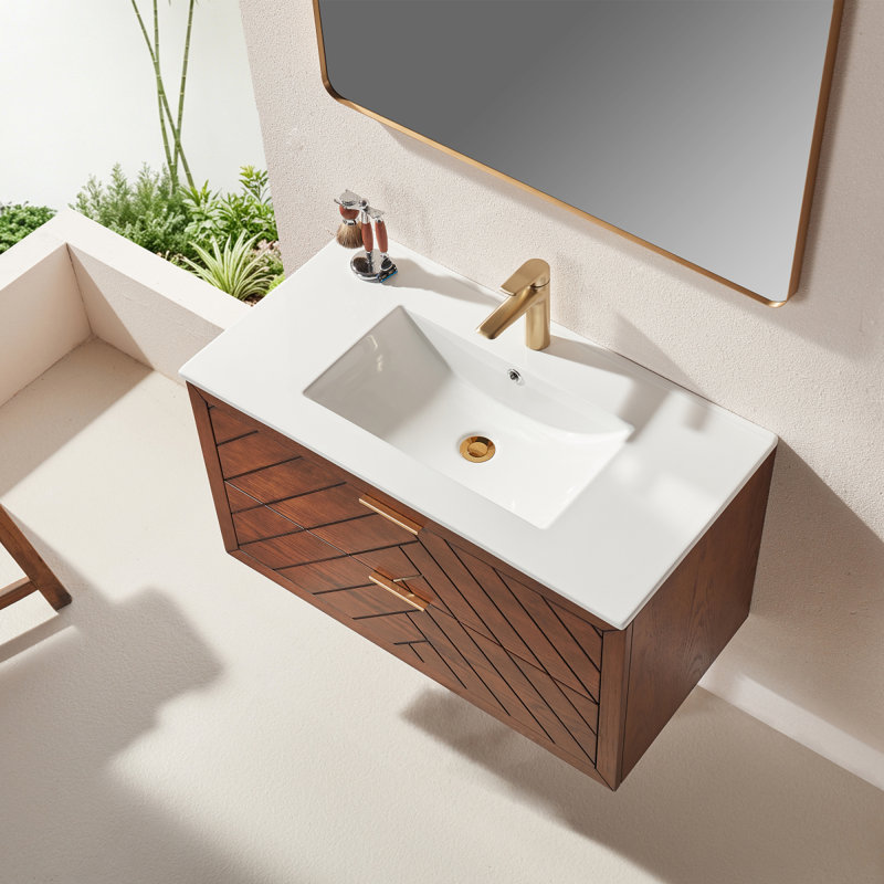 Meuble-lavabo mural simple flottant pré-assemblé de 36 po avec comptoir en céramique à 1 trou