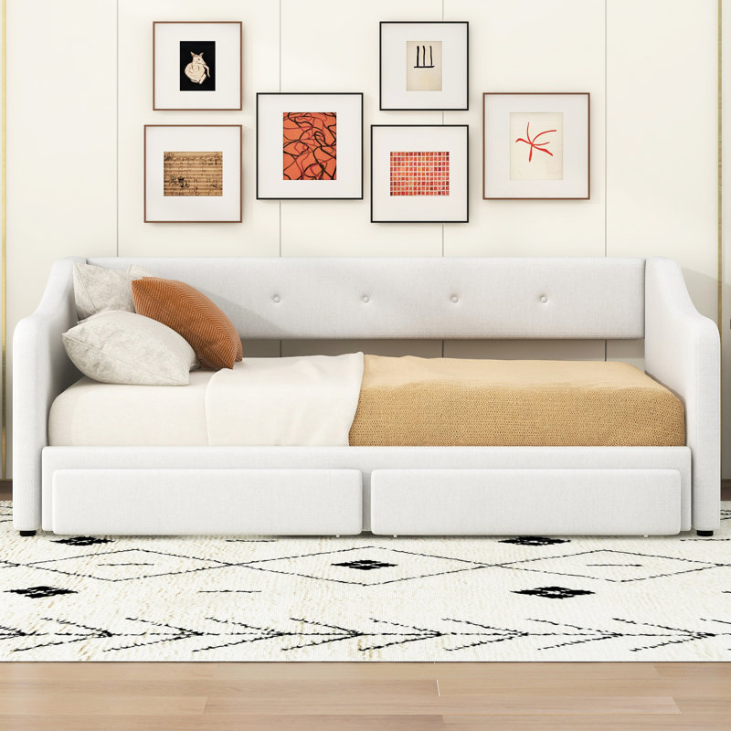 Lit simple TG, très grand, beige, lit de jour rembourré, deux tiroirs de rangement, sièges moelleux et lattes en bois pour le soutien extensible, très grand confort, accoudoirs à dossier optimal, sans sommier