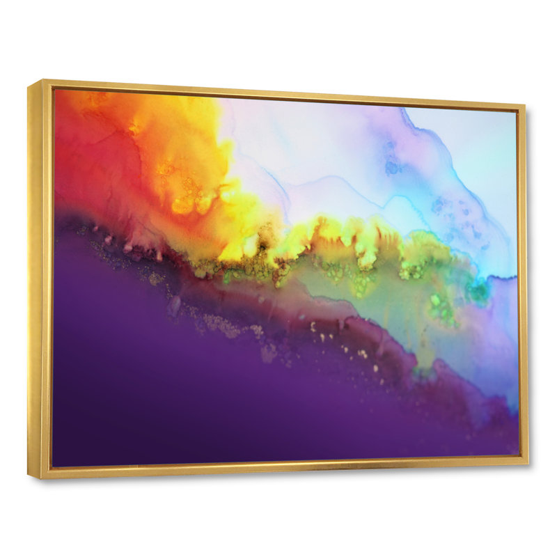 Horizon abstrait mauve et jaune - reproduction sur toile, H 12 po x l 20 po x P 1 po, Cadre flottant doré