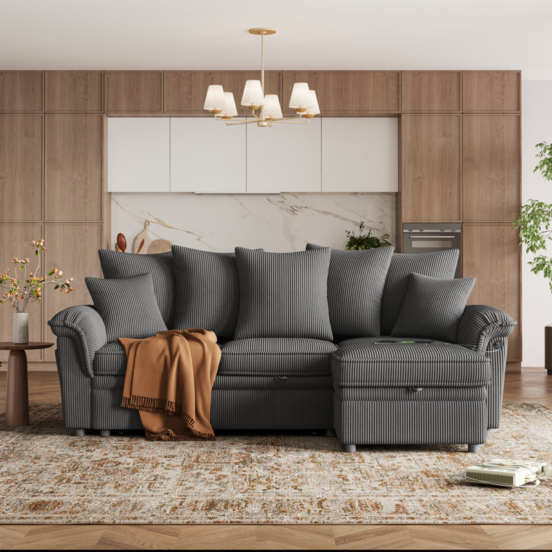  Felipe 90.5'' Upholstered L-shape Modular Sectional with Storage, Pull-out Couch & USB Port, Lena Gray Corduroy