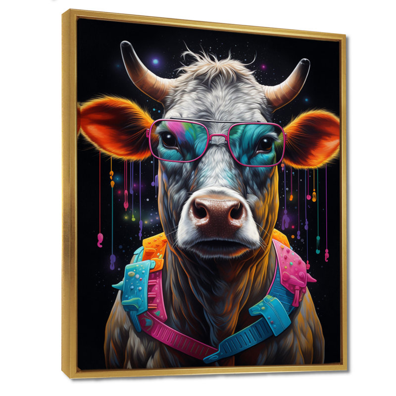 Vache avec lunettes de soleil bleues fraîches, H 20 po x l 12 po x P 1 po, Toile avec cadre doré