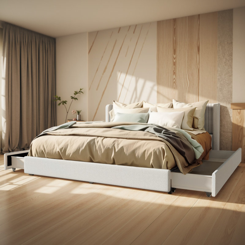 Platform Drawer Storage Bed with Wingback Headboard, Queen
