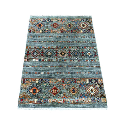 Tapis brumeux 3 pi x 4 pi gris, brume végétale, super Kazak afghan avec motif Khorjin, noué à la main, pure laine, échantillon, tapis, tapis oriental