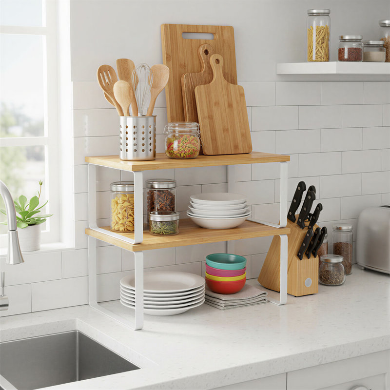 Frame Mounted Spice Rack with Adjustable Racks, Natural/White