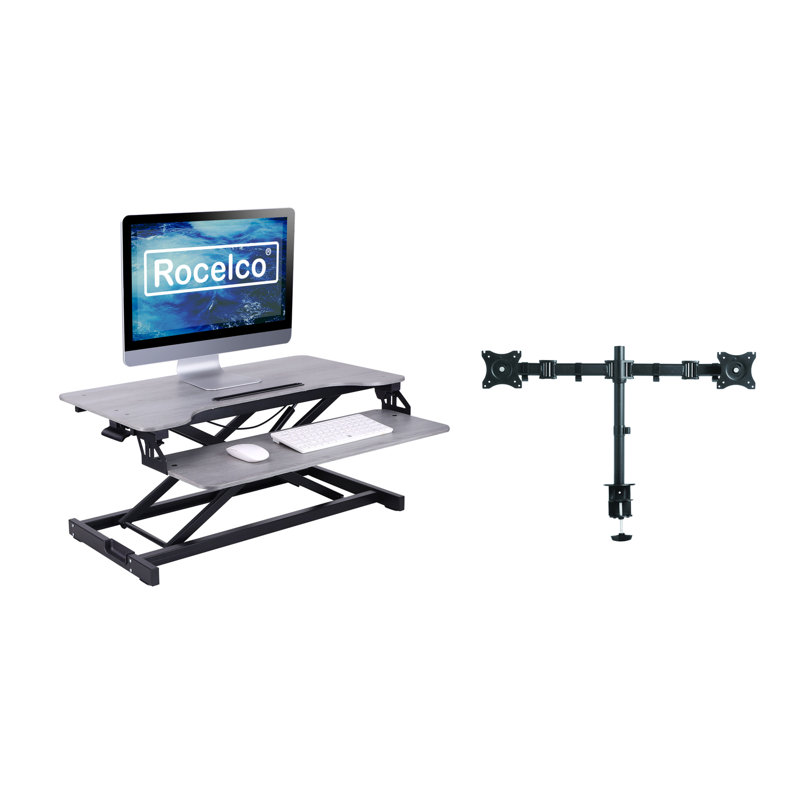Convertisseur de bureau debout gris 31,5 po avec support pour écran double, support pour tablette et plateau pour clavier profond Rocelco