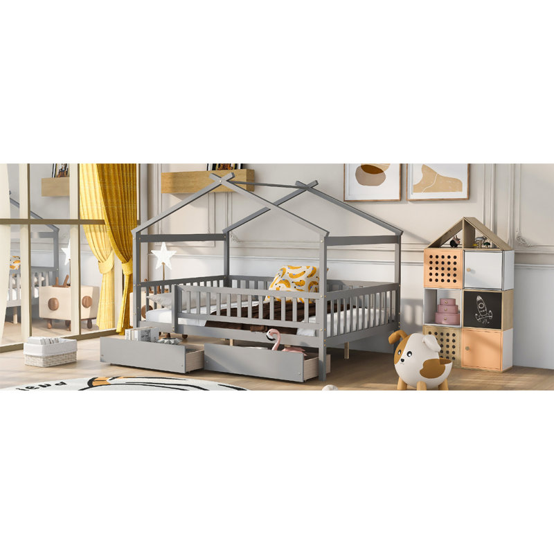 Lit double en bois avec deux tiroirs, gris, Gris