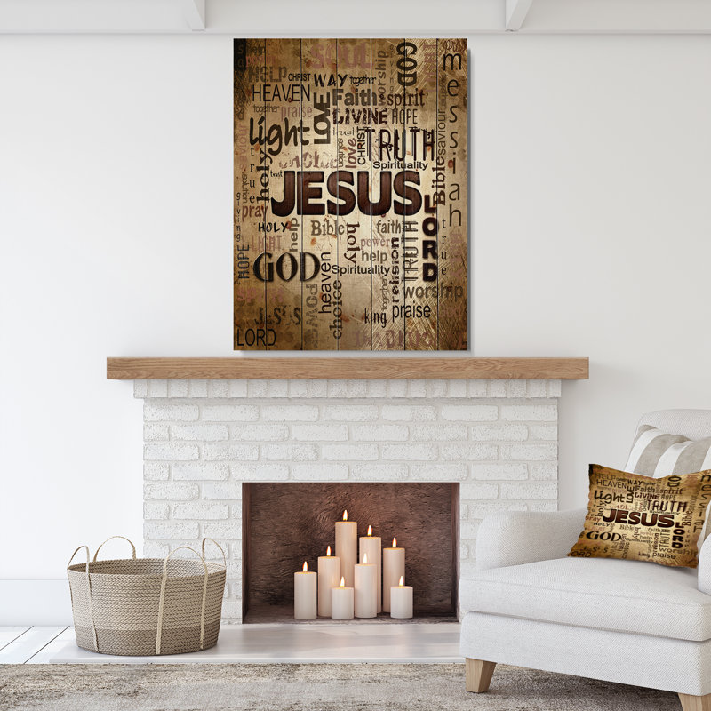 Nuage de mots textuels, art sur toile - Nuage de mots Jésus, H 20 po x l 15 po x P 1po, Bois