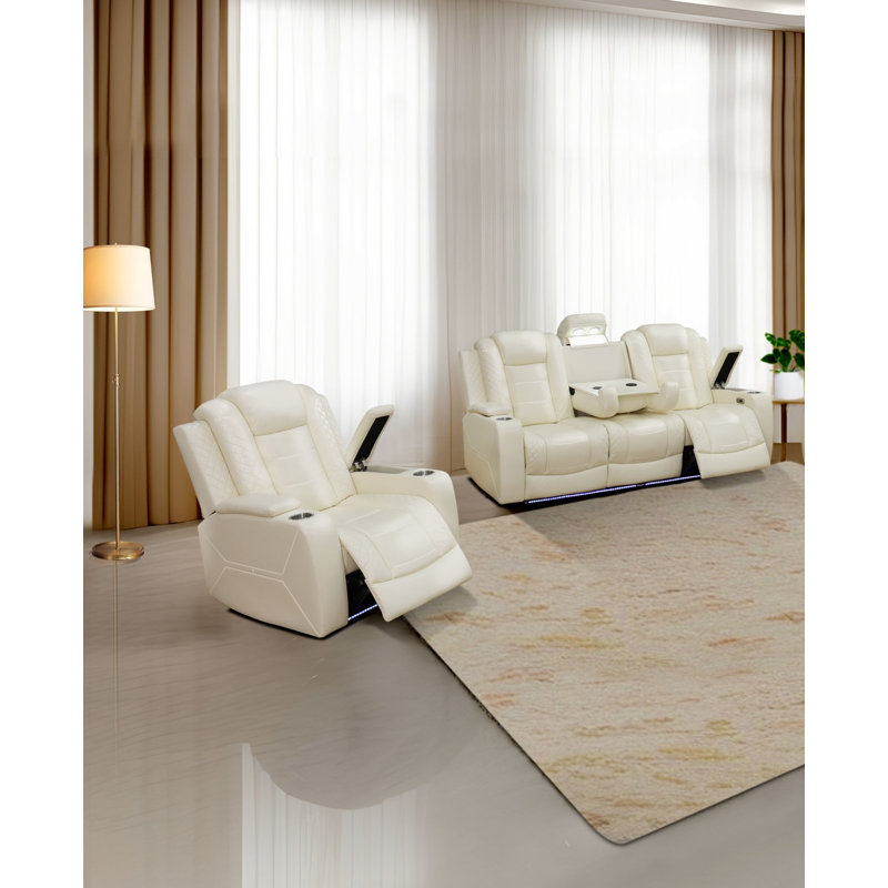 Ensemble de fauteuil inclinable électrique de salon en cuir 2 pièces, canapé et fauteuil, Crème