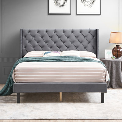 Button Velvet Queen Platform Bed With 63.66 In Width And 85.25 Depth, Gray Size Upholstery Long-Lasting Base,
